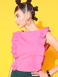 STREET 9 Pink Solid Pleated Round Neck Regular Top