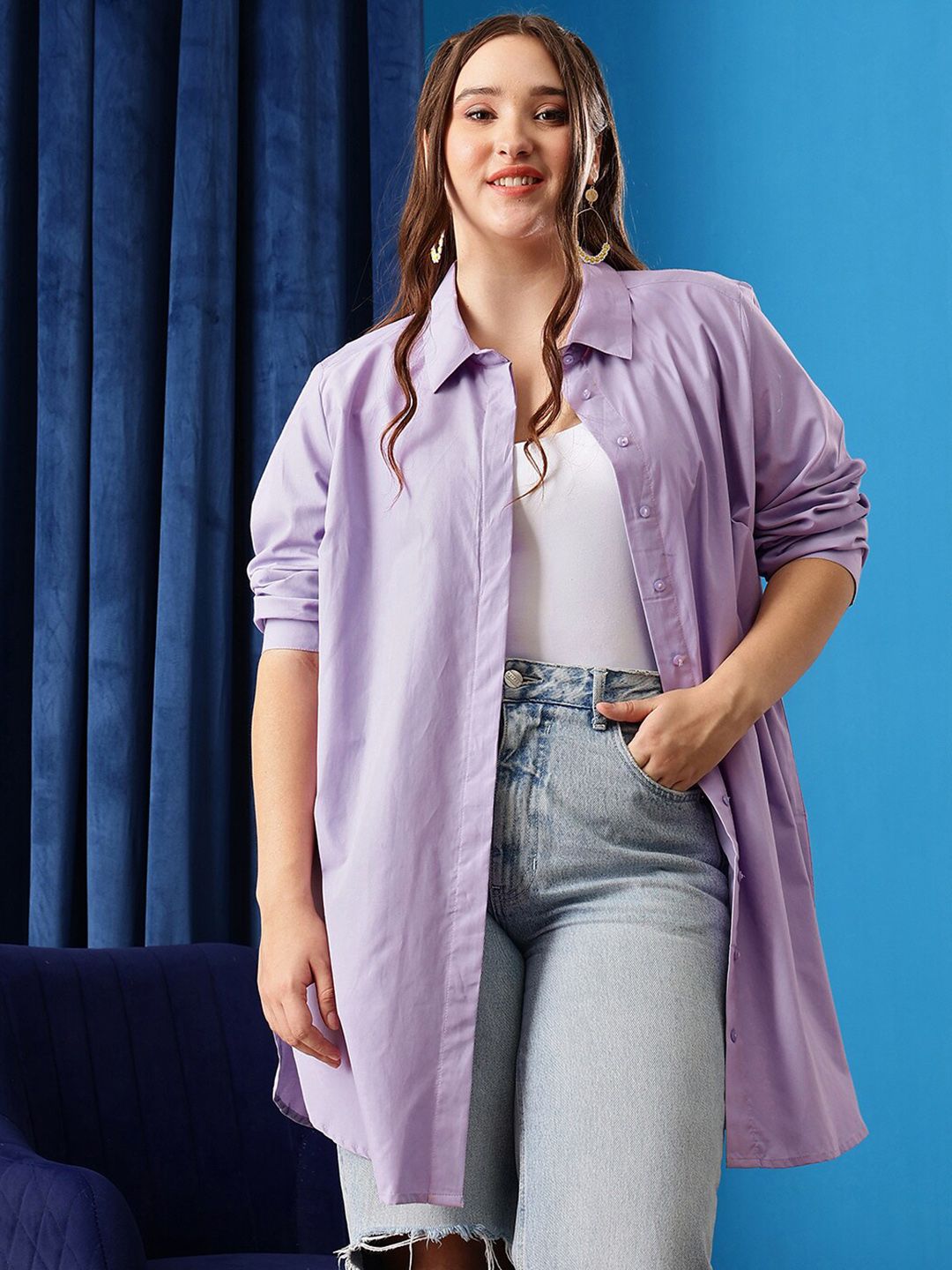 CURVY STREET Comfort Spread Collar Oversized Pure Cotton Shirt