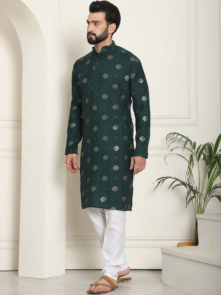 SOJANYA Kurta Lurus Sutera Kapas Sulam Geometrik Dengan Churidar