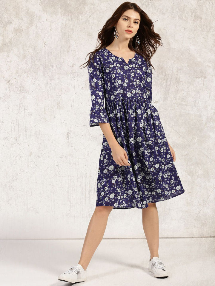 Anouk Navy & White Floral Printed Pure Cotton Kurta Dress