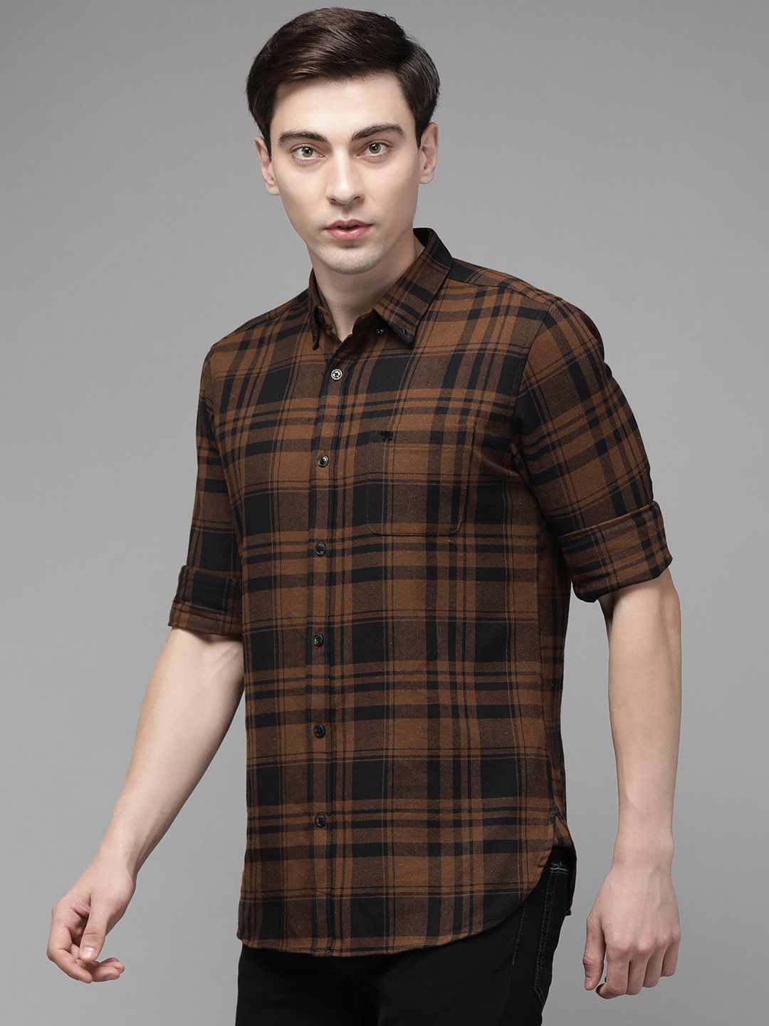 THE BEAR HOUSE Men Brown Slim Fit Pure Cotton Checked Flannel Casual Shirt