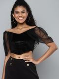 SASSAFRAS Black Off-Shoulder Velvet Crop Bardot Blouse