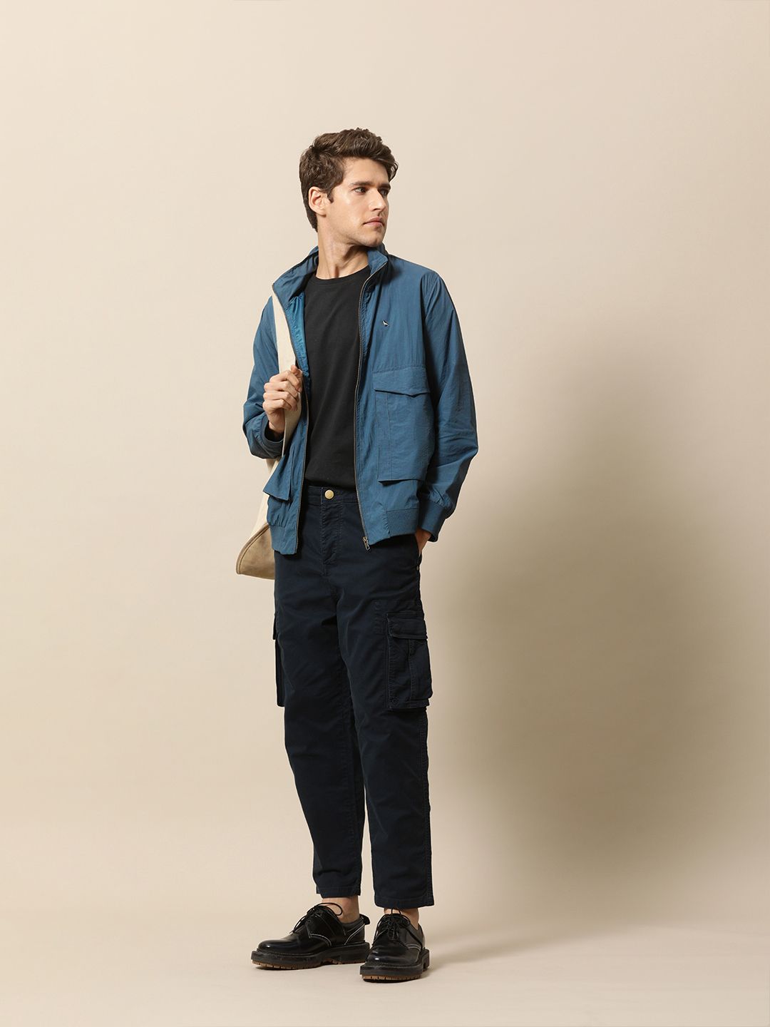 Mr Bowerbird Men Navy Blue Lightweight Solid Hooded Bomber Jacket
