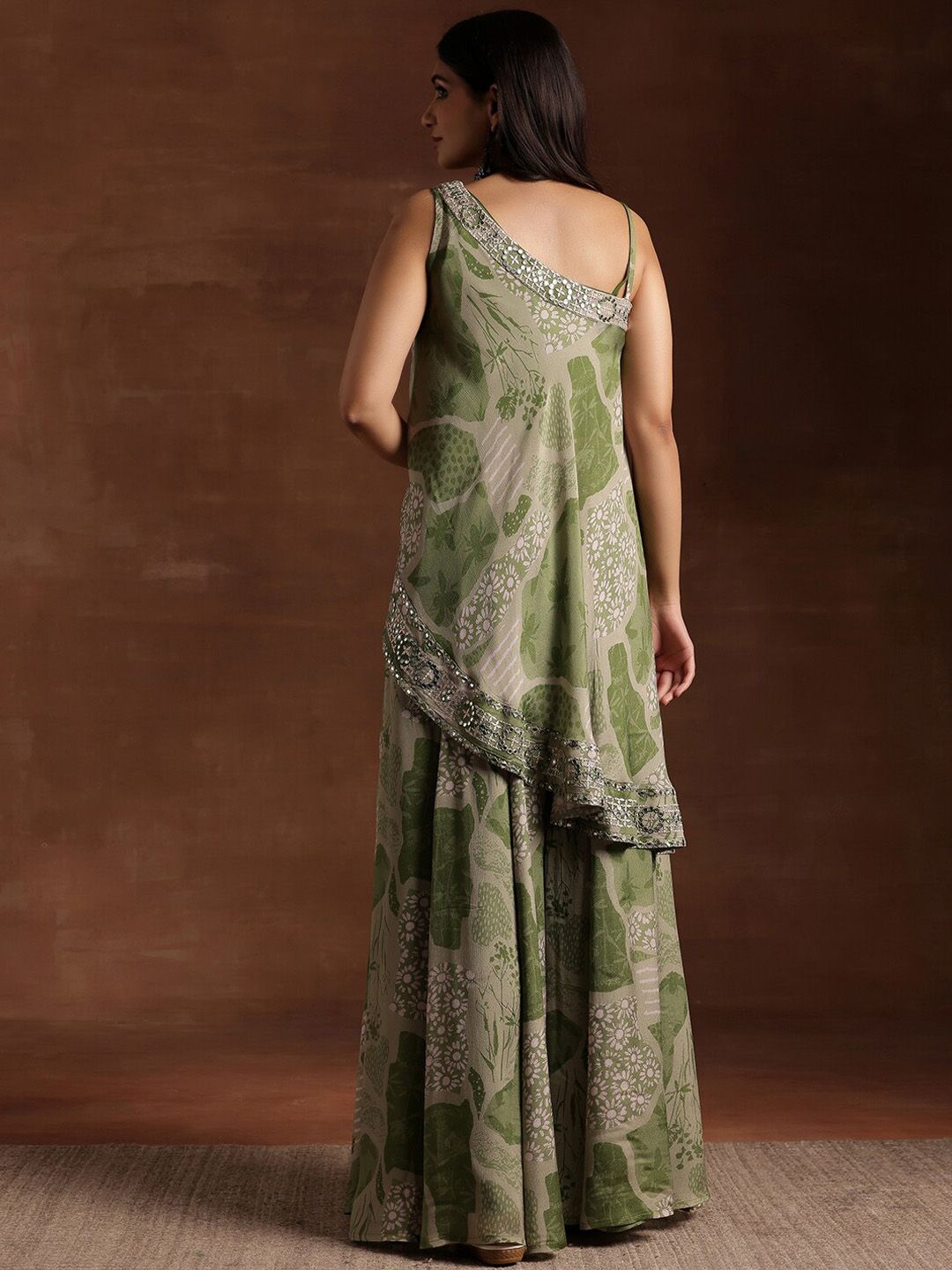 Libas Floral Printed One Shoulder Sleeveless Tunic & Palazzo With Slip