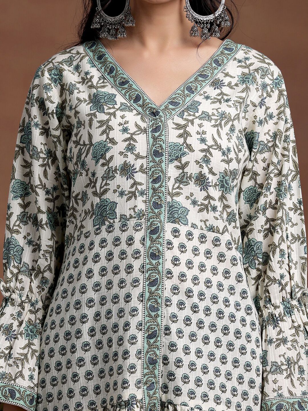 Libas Floral Printed V-Neck Bell Sleeves Cotton A-Line Ethnic Dress