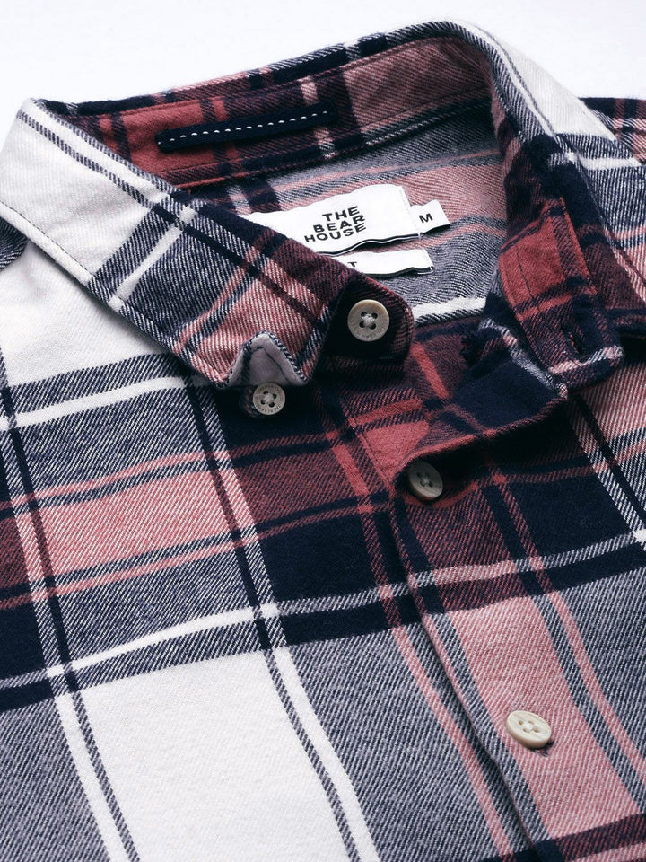 THE BEAR HOUSE Men Pink & Navy Blue Slim Fit Tartan Checked Cotton Casual Shirt