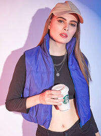 STREET 9 Blue Stand Collar Sleeveless Lightweight Crop Puffer Jacket