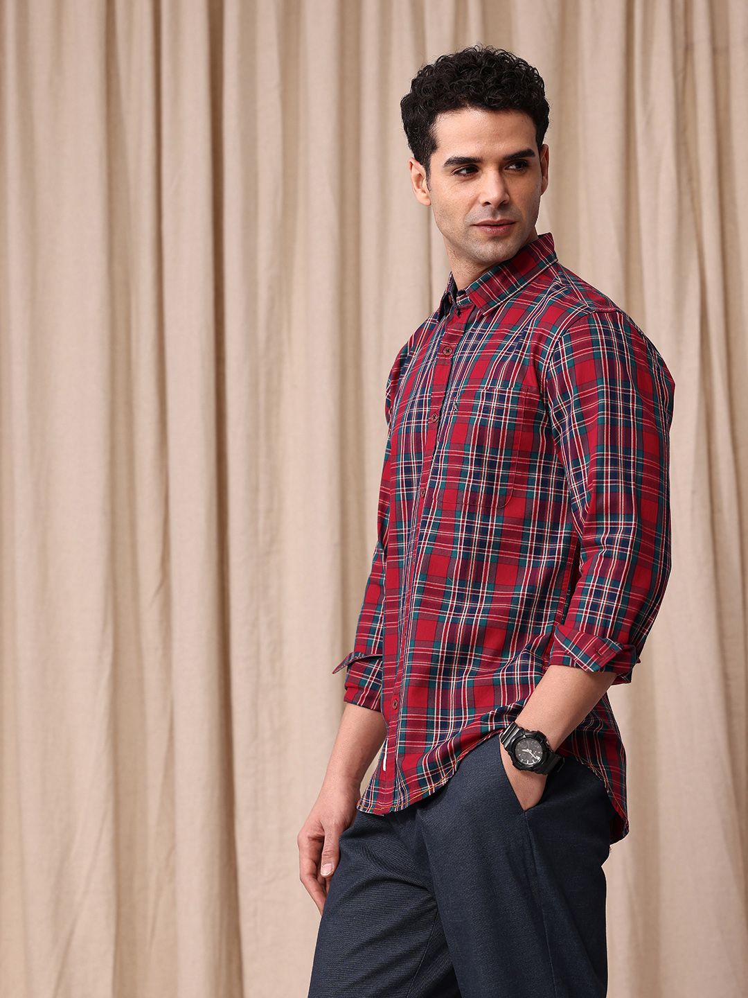 Mr Bowerbird Men Tailored Fit Tartan Checks Opaque Pure Cotton Casual Shirt