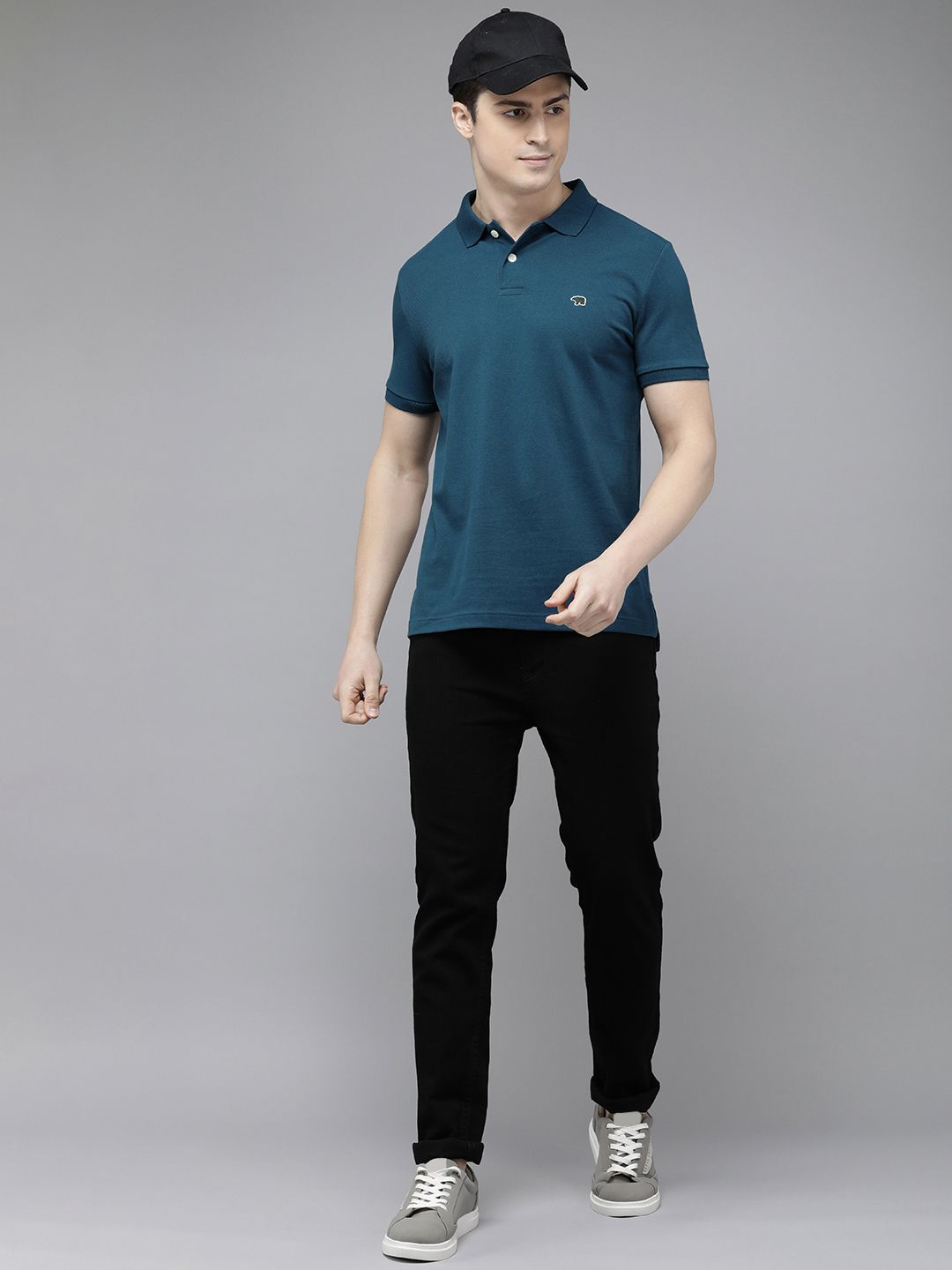 THE BEAR HOUSE Men Blue Polo Collar Applique Slim Fit T-shirt