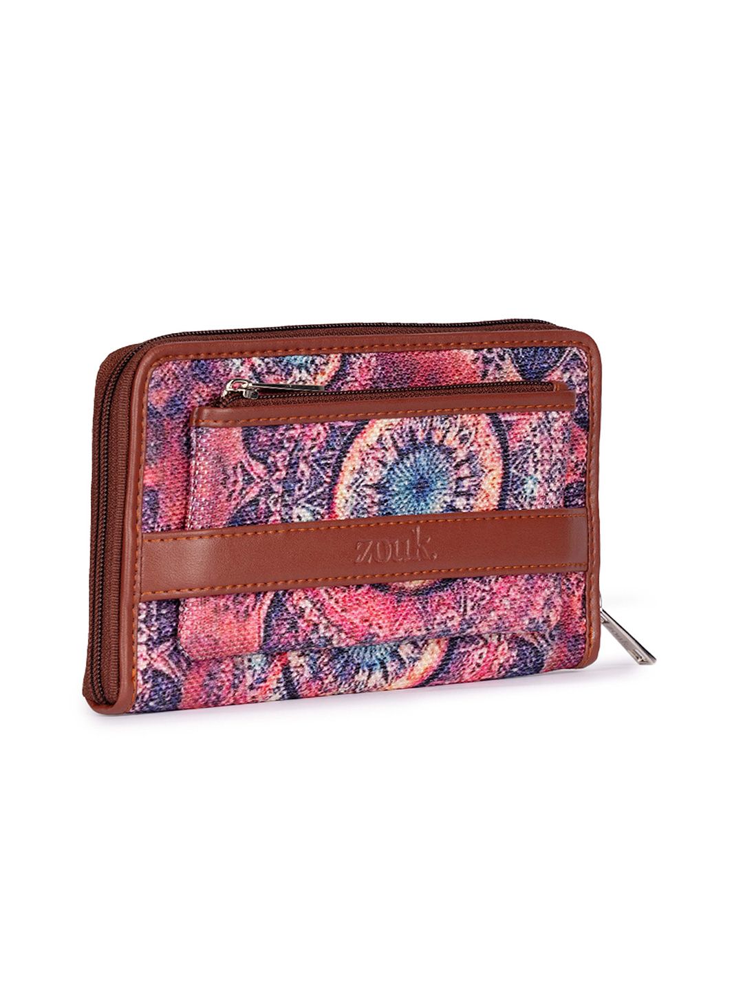 ZOUK Women Pink & Blue Printed Vegan Leather Zip Around Wallet