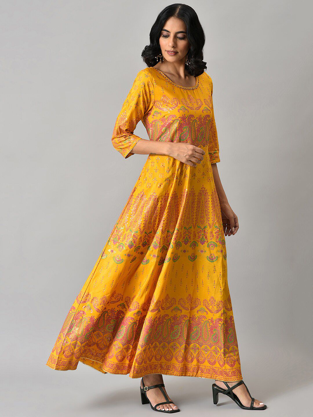 W Women Yellow & Pink Printed Polyester Ethnic Maxi Dress