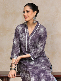 Varanga Floral Printed V-Neck Straight Cotton Kurta