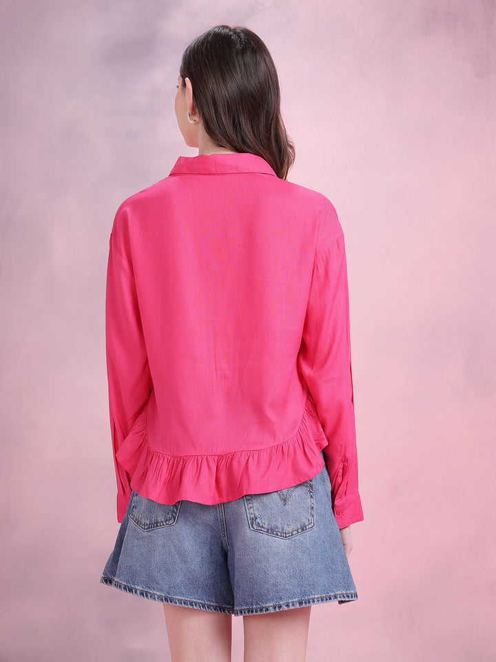 DressBerry Women Ruffled Spread Collar Casual Crop Shirt