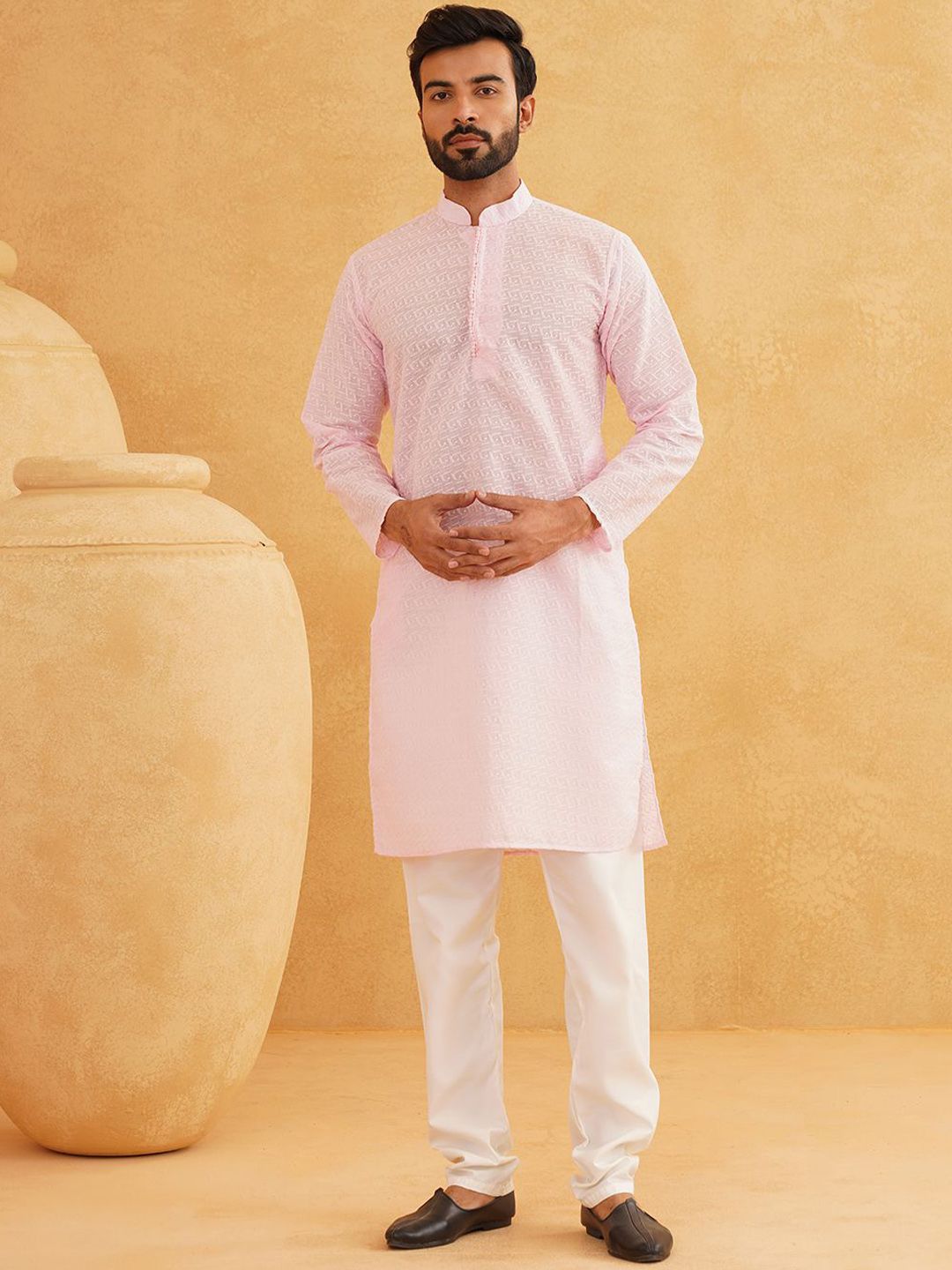 SOJANYA Geometric Embroidered Regular Pure Cotton Straight Kurta With Churidar