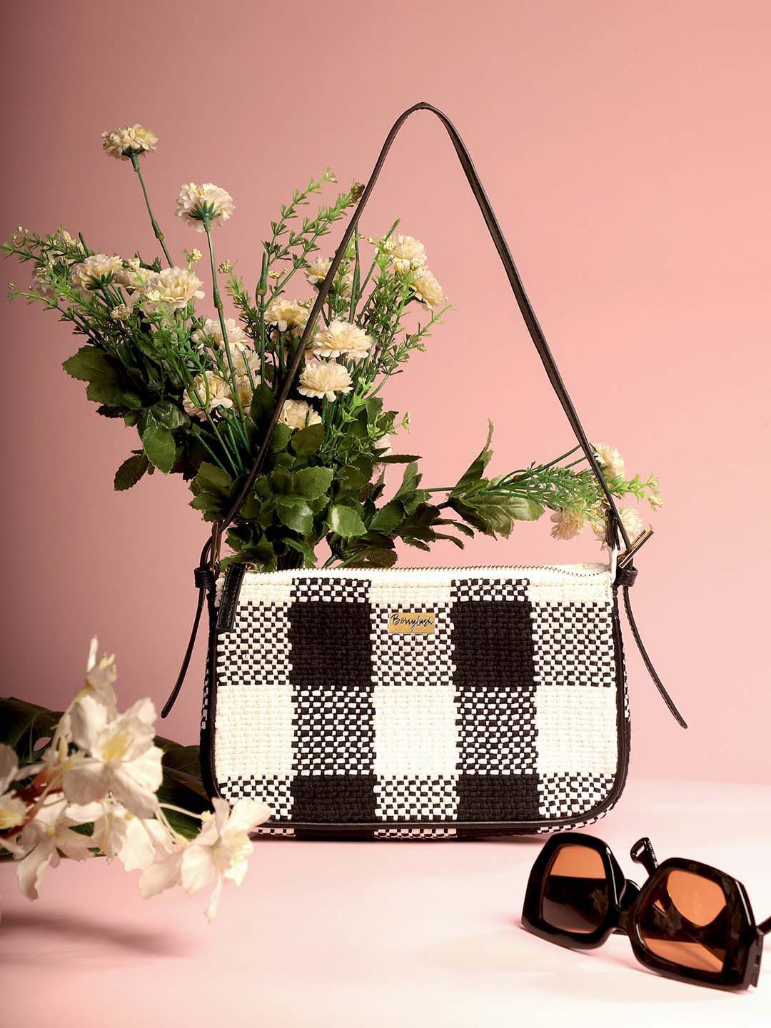 Berrylush Black & White Checked Structured Cotton Handheld Bag