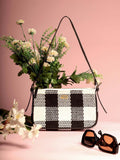Berrylush Black & White Checked Structured Cotton Handheld Bag