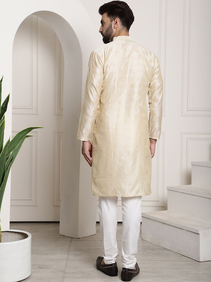 SOJANYA Geometric Woven Design Kolar Mandarin Jacquard Silk Kurta Biasa Dengan Churidar