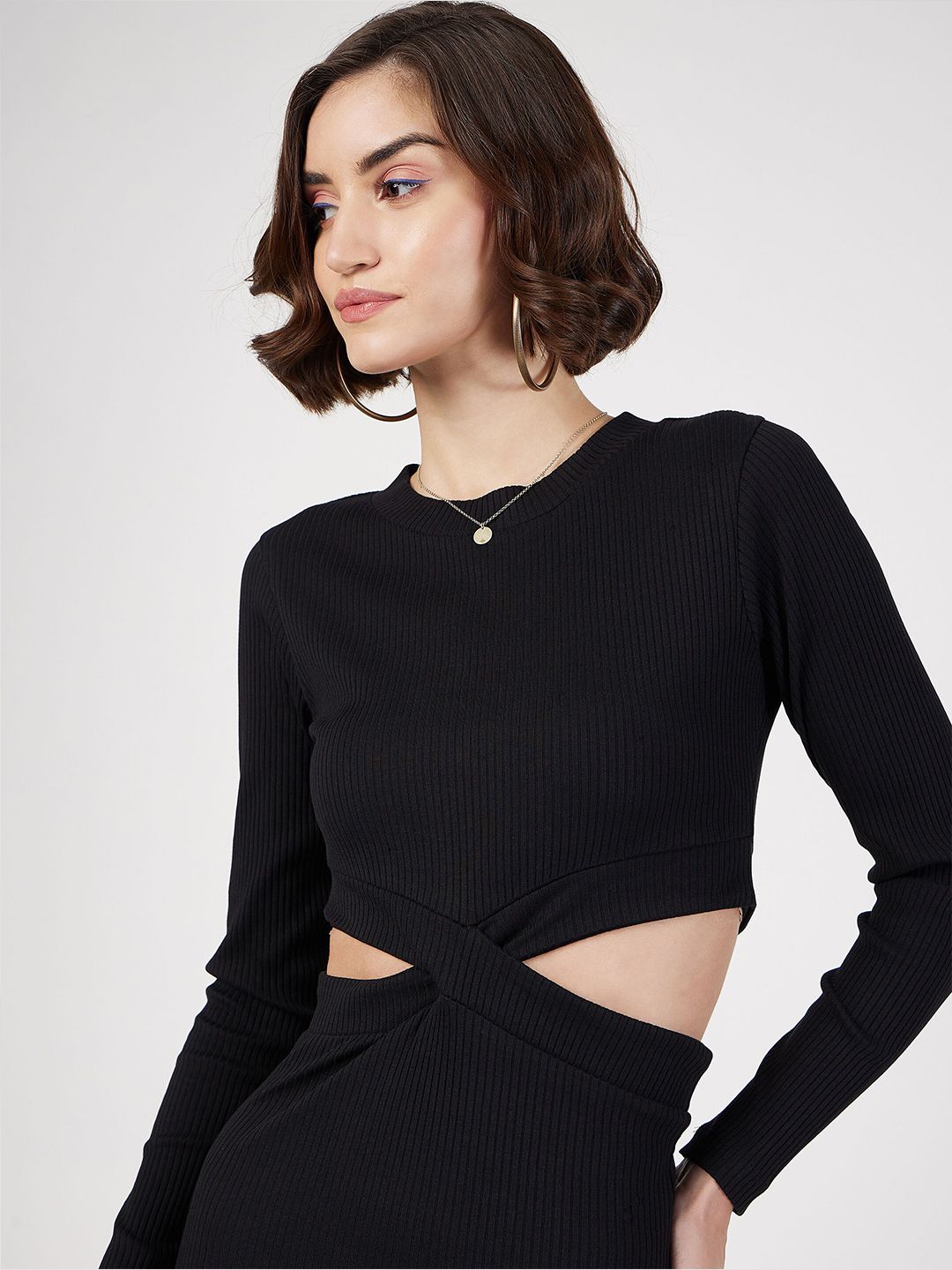 SASSAFRAS Black Ribbed Cut-Out Sheath Dress