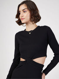 SASSAFRAS Black Ribbed Cut-Out Sheath Dress