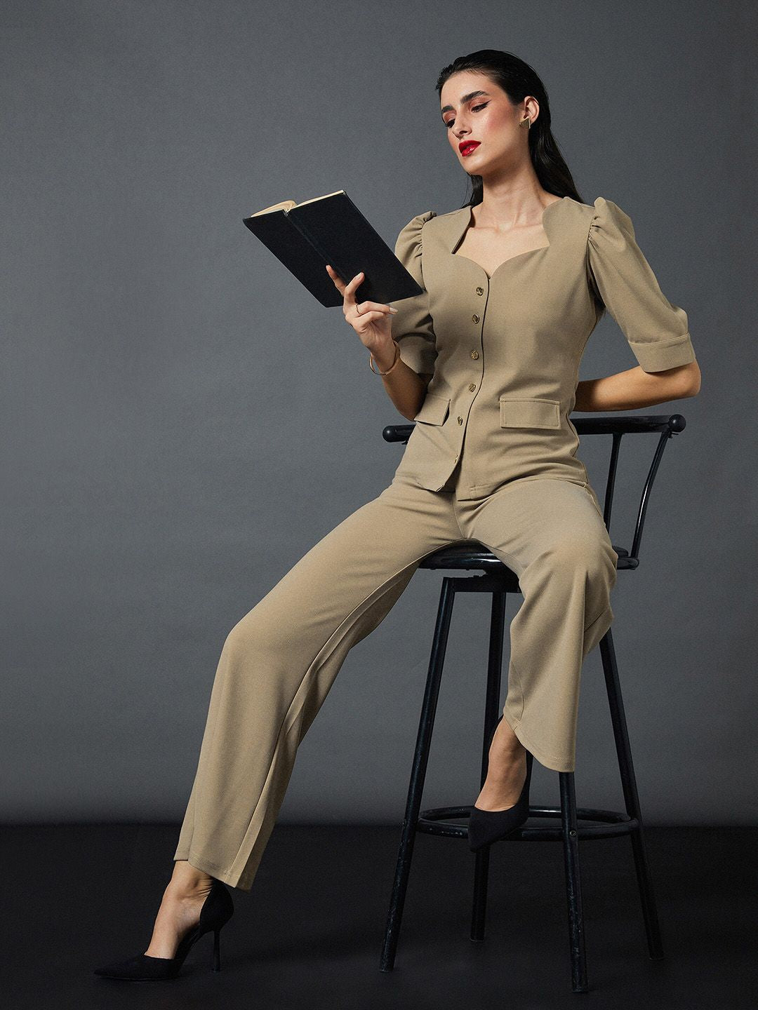 SASSAFRAS worklyf Brown Puff Sleeves Top & Trousers Co-Ords