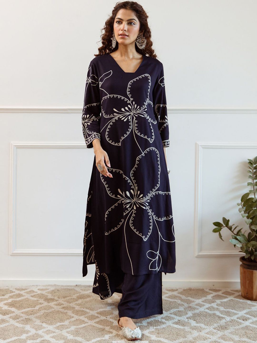 Indo Era Women Floral Embroidered Regular Sequinned Kurta with Trousers