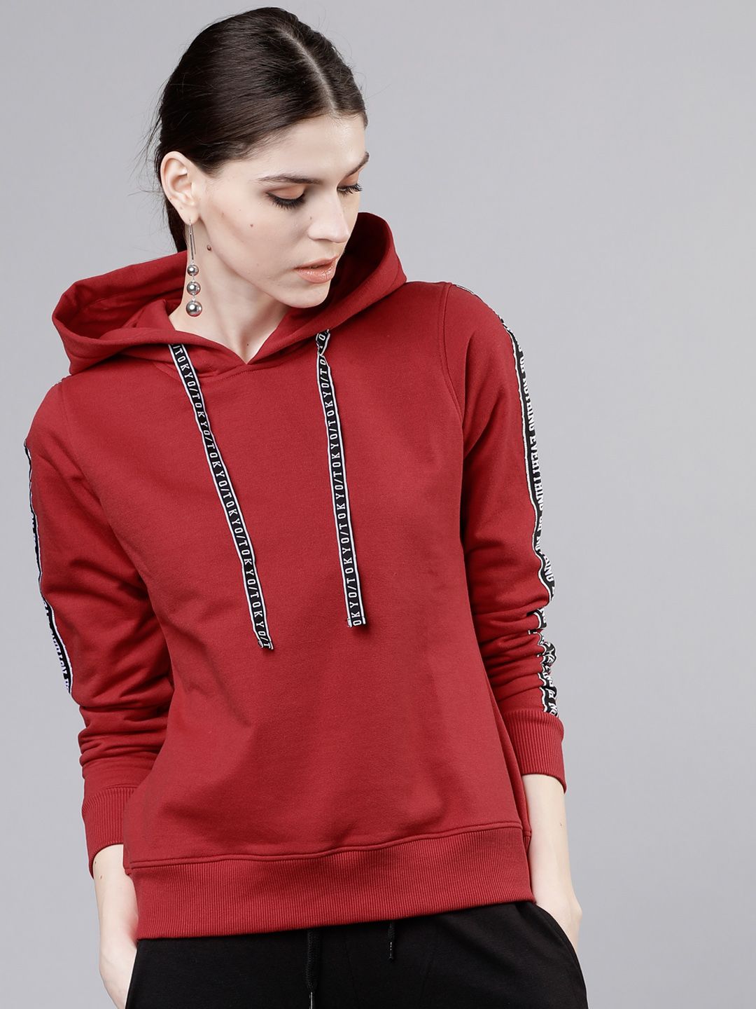 Tokyo Talkies Women Red Solid Hooded Sweatshirt