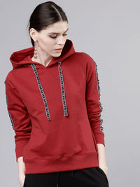 Tokyo Talkies Women Red Solid Hooded Sweatshirt