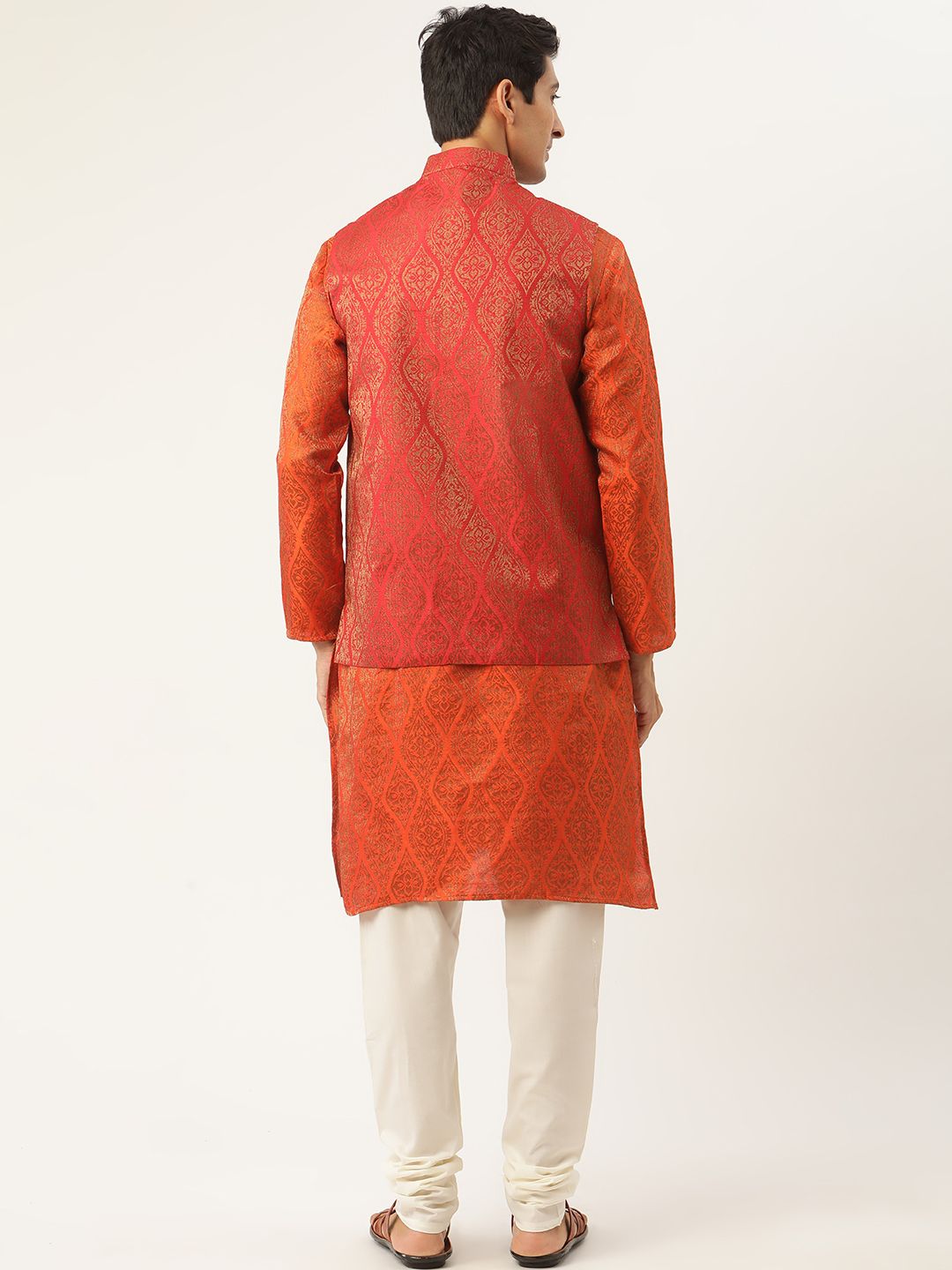 SOJANYA Men Orange Ethnic Motifs Kurta with Churidar & Nehru Jacket