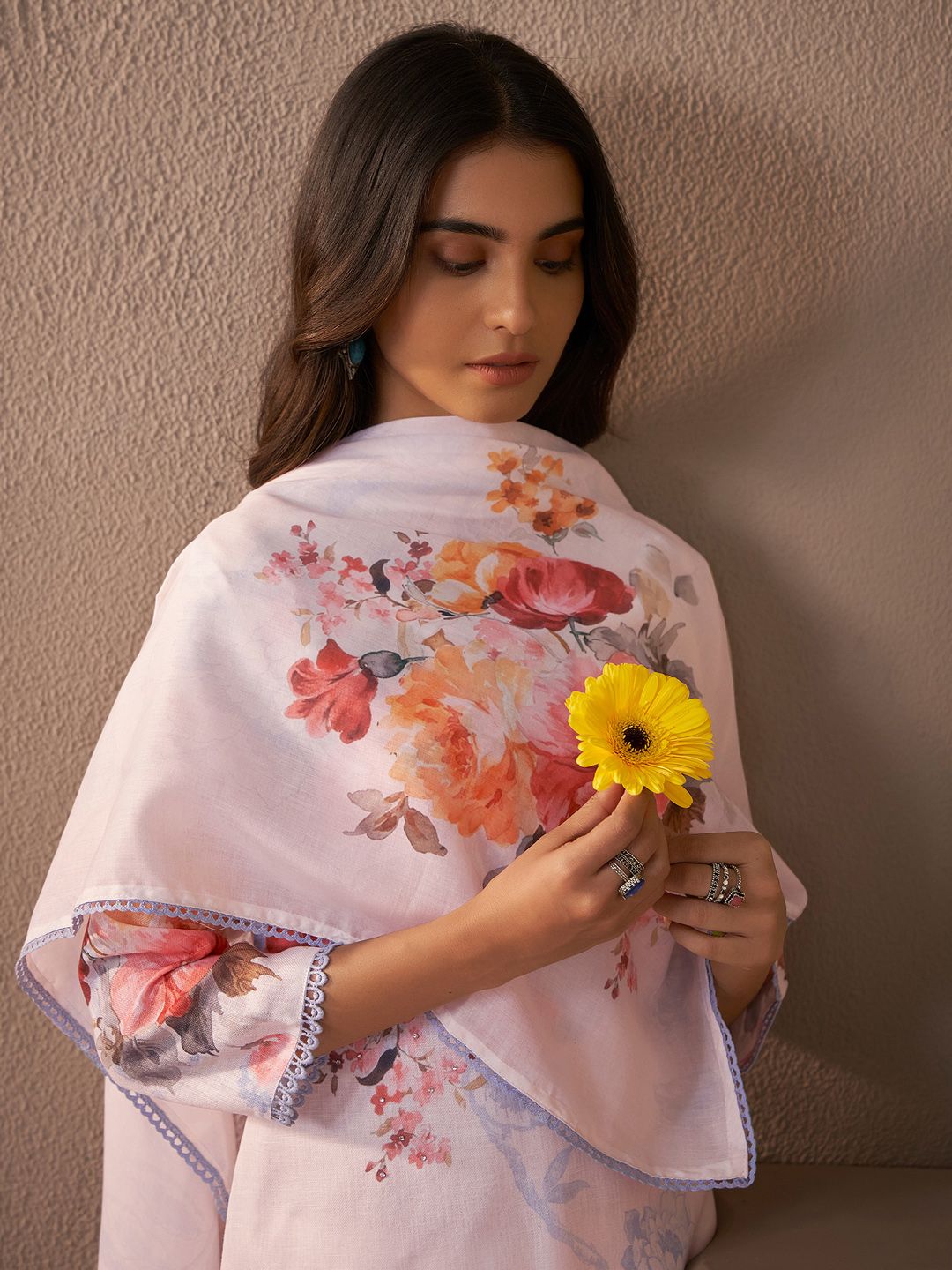 Indo Era Floral Printed Beads And Stones Linen Kurta Wiith Trousers And Dupatta