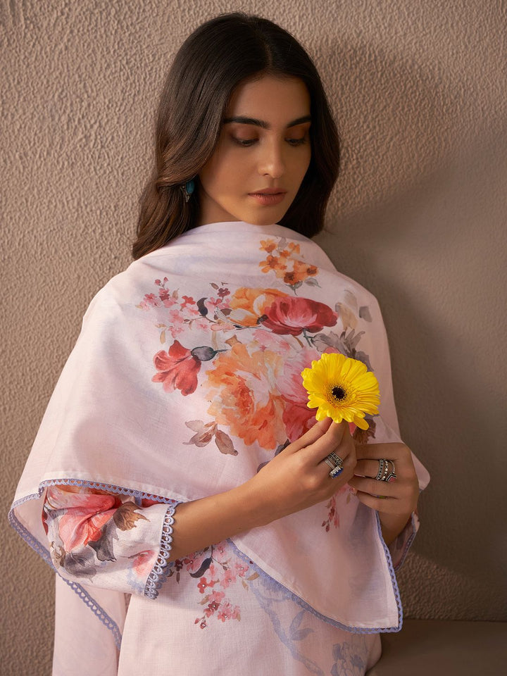 Indo Era Floral Printed Beads And Stones Linen Kurta Wiith Trousers And Dupatta
