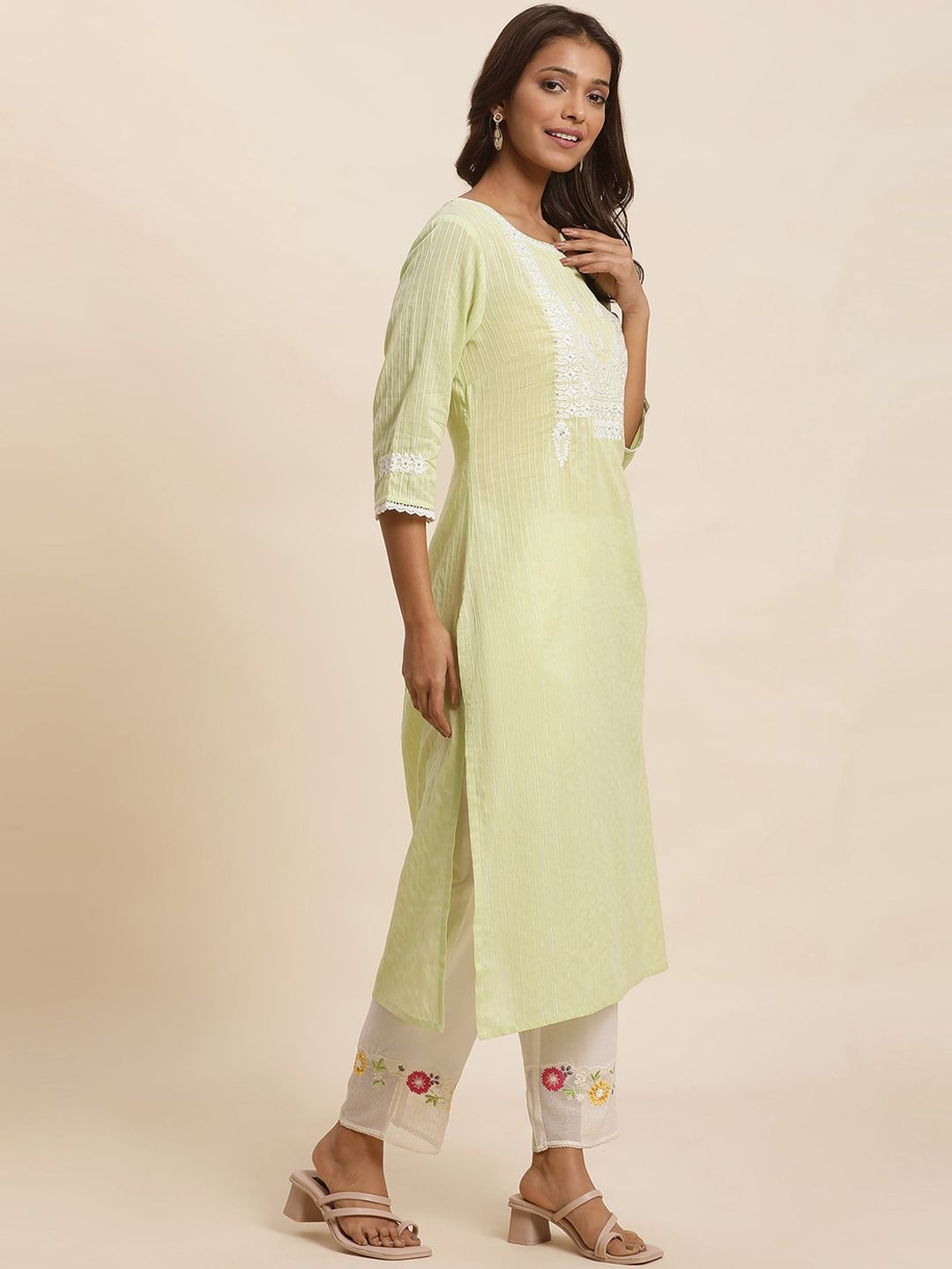 W Green Floral Embroidered Sequinned Pastel Kurta