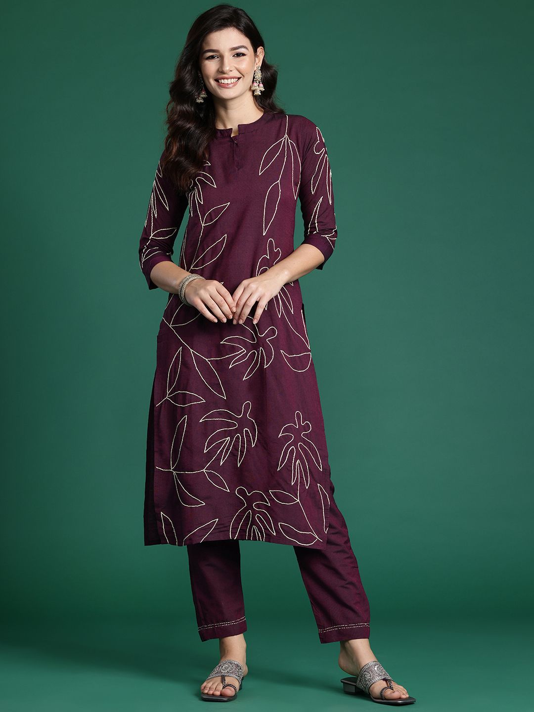 Indo Era Floral Embroidered Thread Work Pure Cotton Kurta with Trousers
