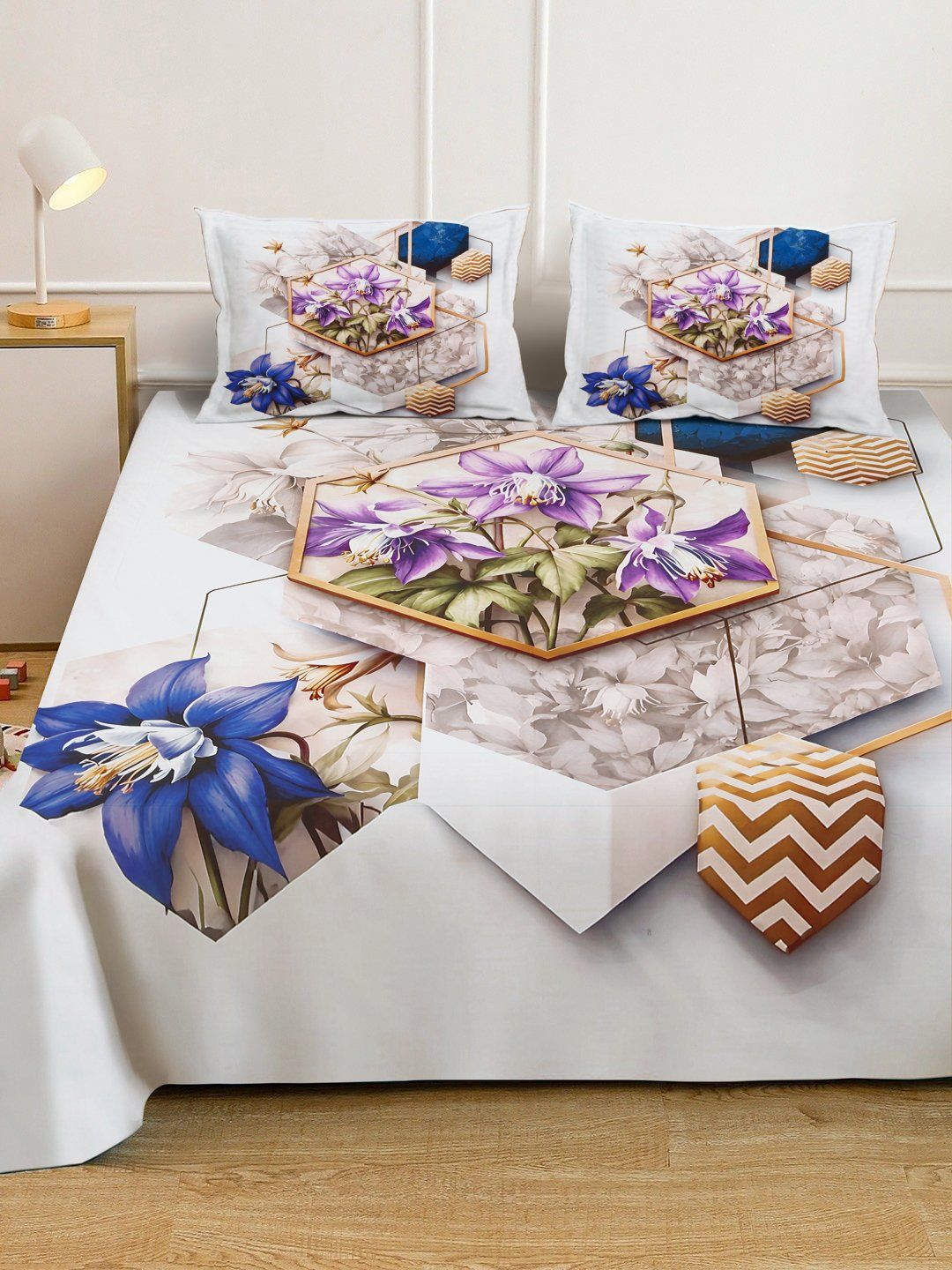Myntra Elegant Homes White Floral 300 TC King Bedsheet with 2 Pillow Covers