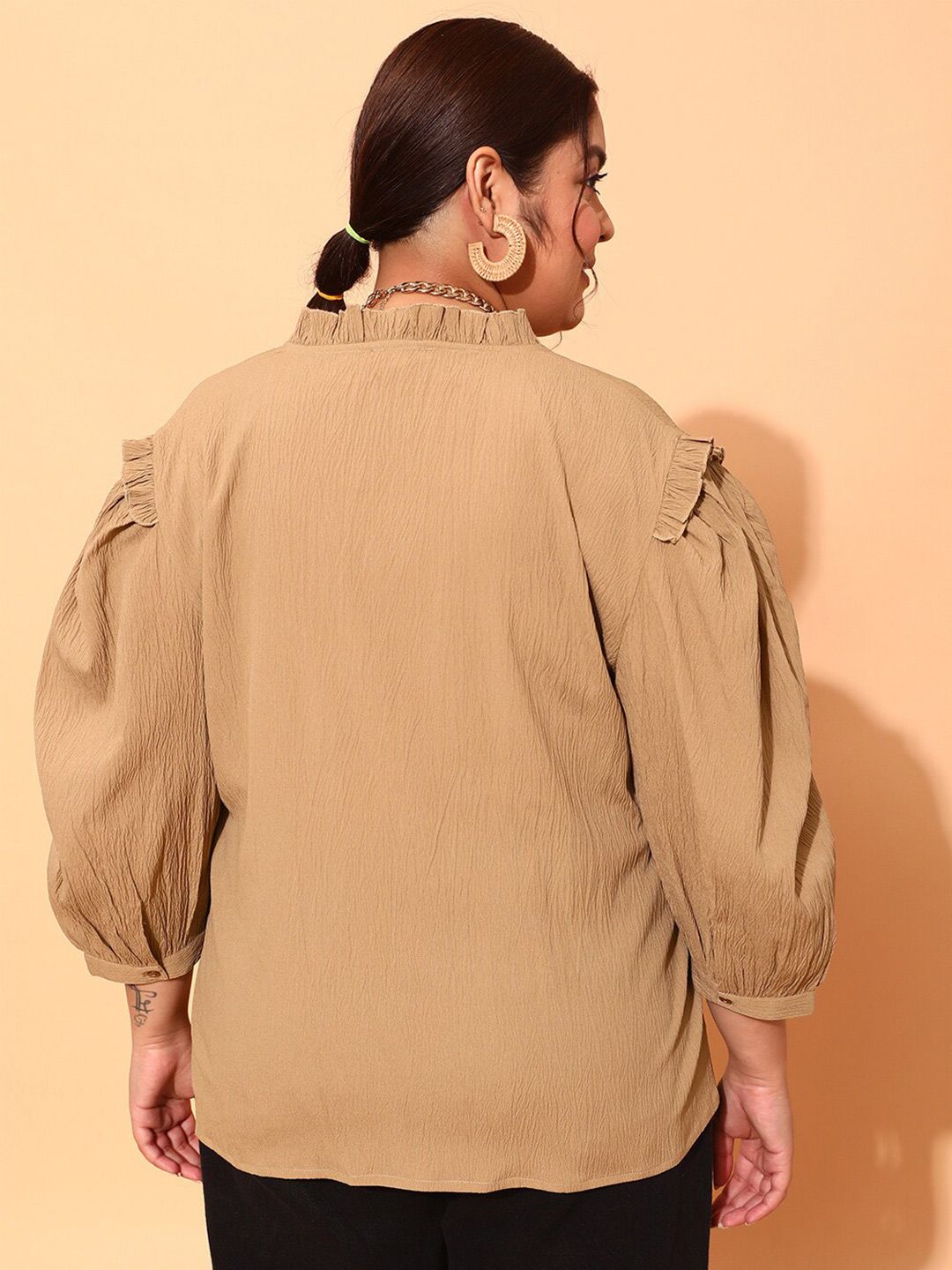 CURVY STREET Plus Size Beige Comfort Fit Puff Sleeves Shirt