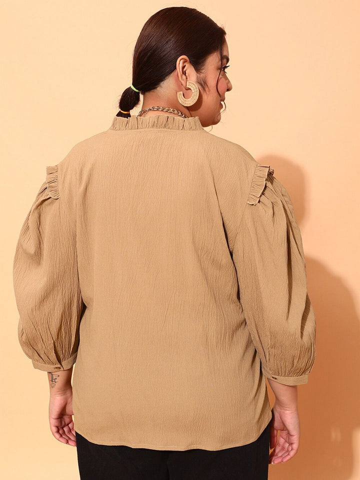 CURVY STREET Plus Size Beige Comfort Fit Puff Sleeves Shirt
