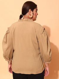 CURVY STREET Plus Size Beige Comfort Fit Puff Sleeves Shirt