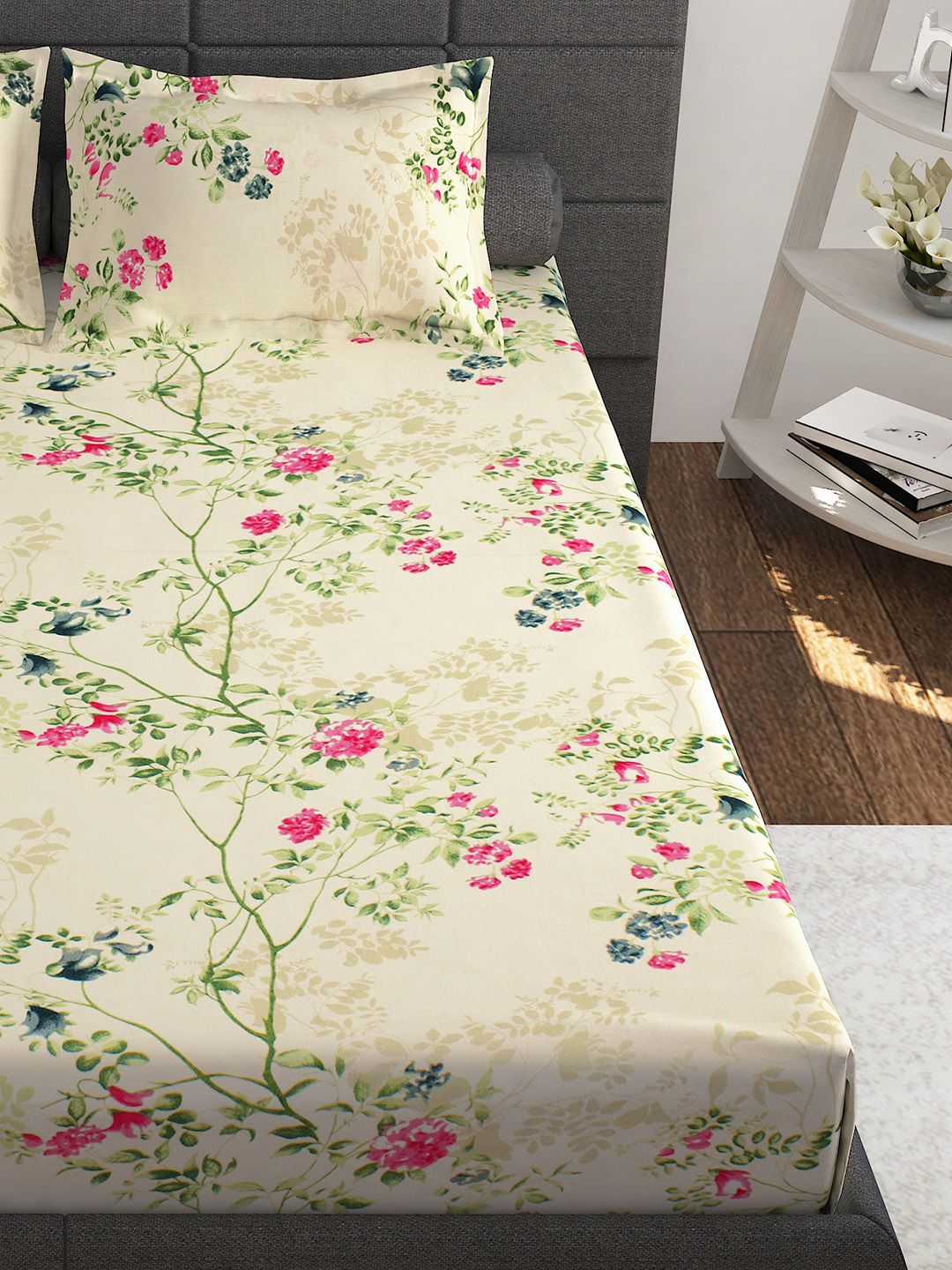 Story@home Ventura Cream Green Floral 144 TC Cotton Queen Bedsheet with 2 Pillow Covers
