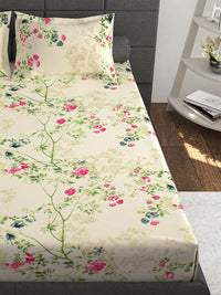 Story@home Ventura Cream Green Floral 144 TC Cotton Queen Bedsheet with 2 Pillow Covers