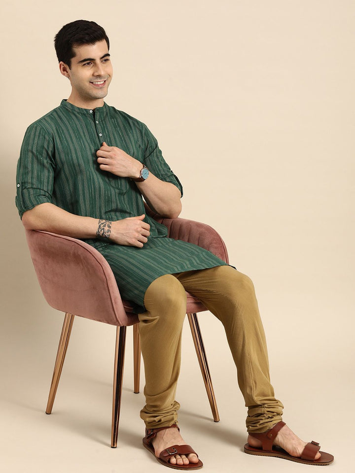 Anouk Men Green & Gold-Toned Striped Mandarin-Collar Kurta