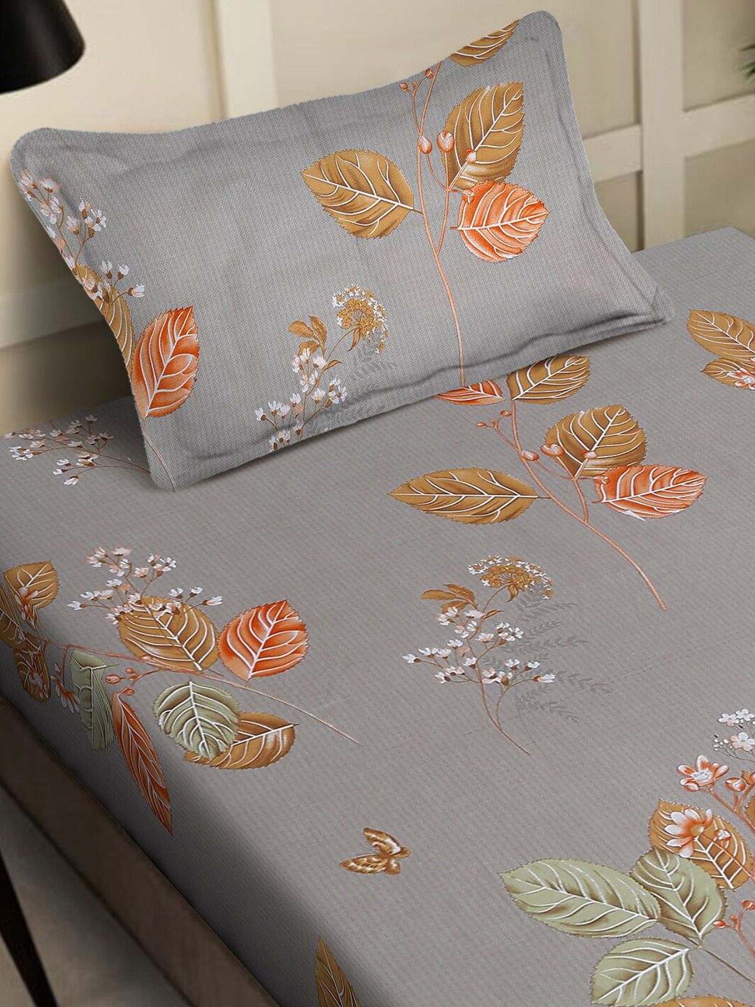 KLOTTHE Grey & Green Floral Printed 400 TC Pure Cotton Single Bedsheet & Pillow Cover Set