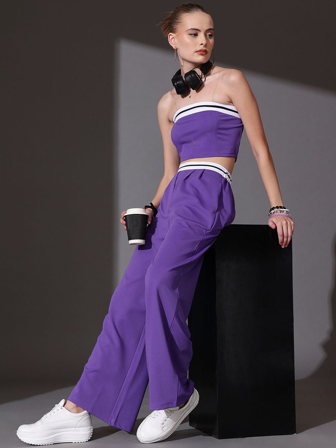 STREET 9 Solid Off Shoulder Top With Flared Trousers Co-Ords