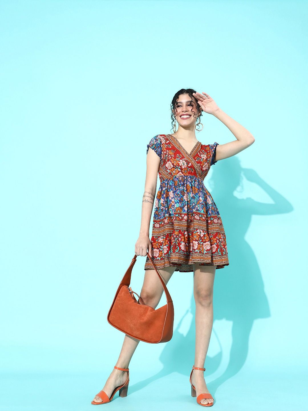 Berrylush Women Blue & Red Floral Mini Fit & Flare Dress