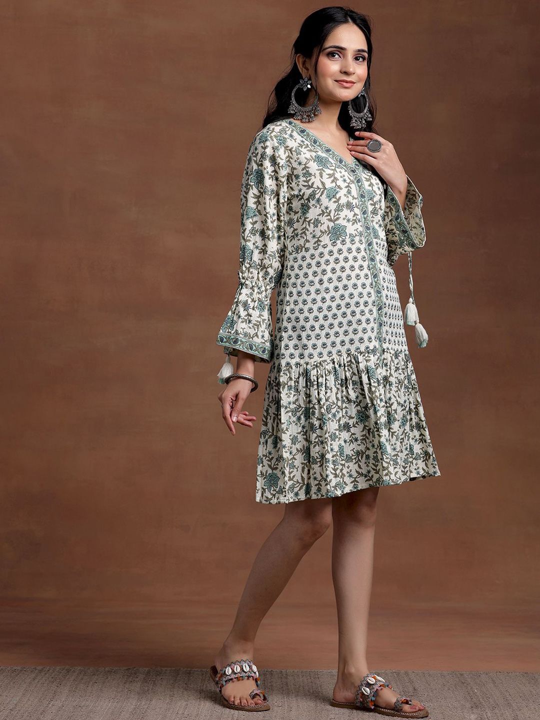 Libas Floral Printed V-Neck Bell Sleeves Cotton A-Line Ethnic Dress