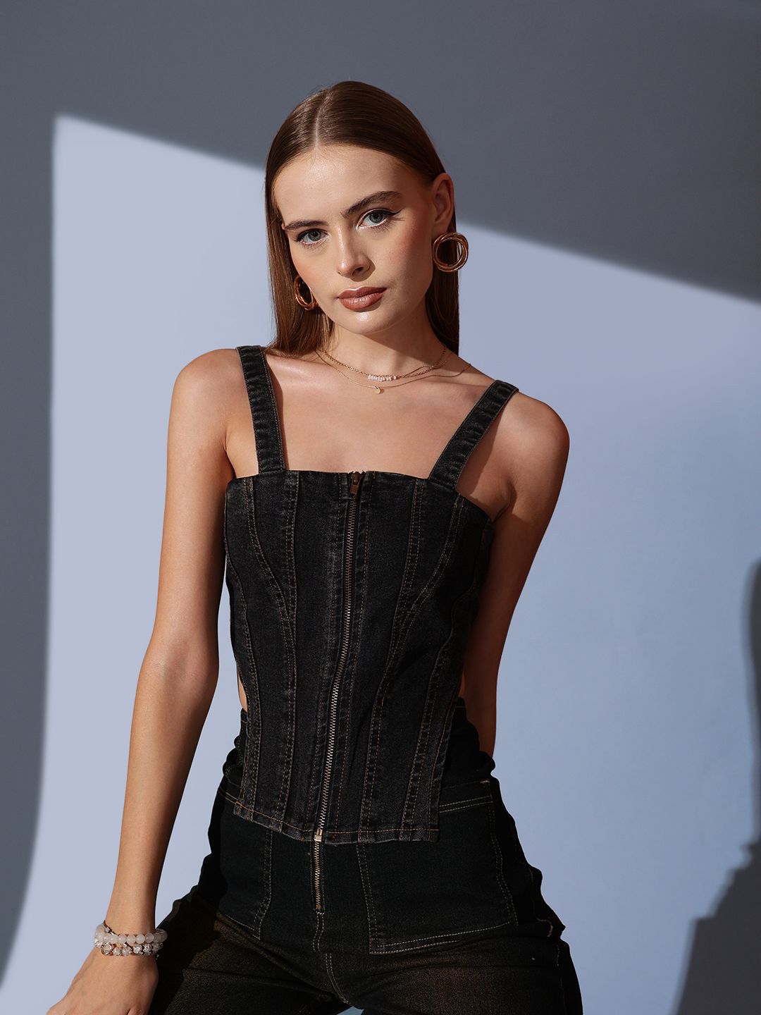 STREET 9 Solid Sleeveless Denim Crop Top