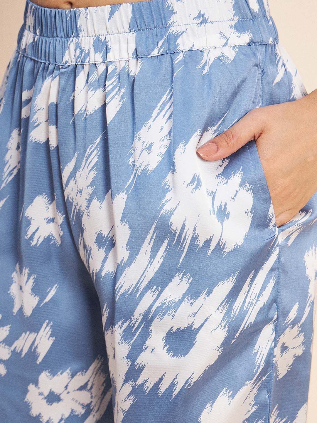 Antheaa Blue Floral Printed Shirt Collar Long Sleeve Satin Co-Ords