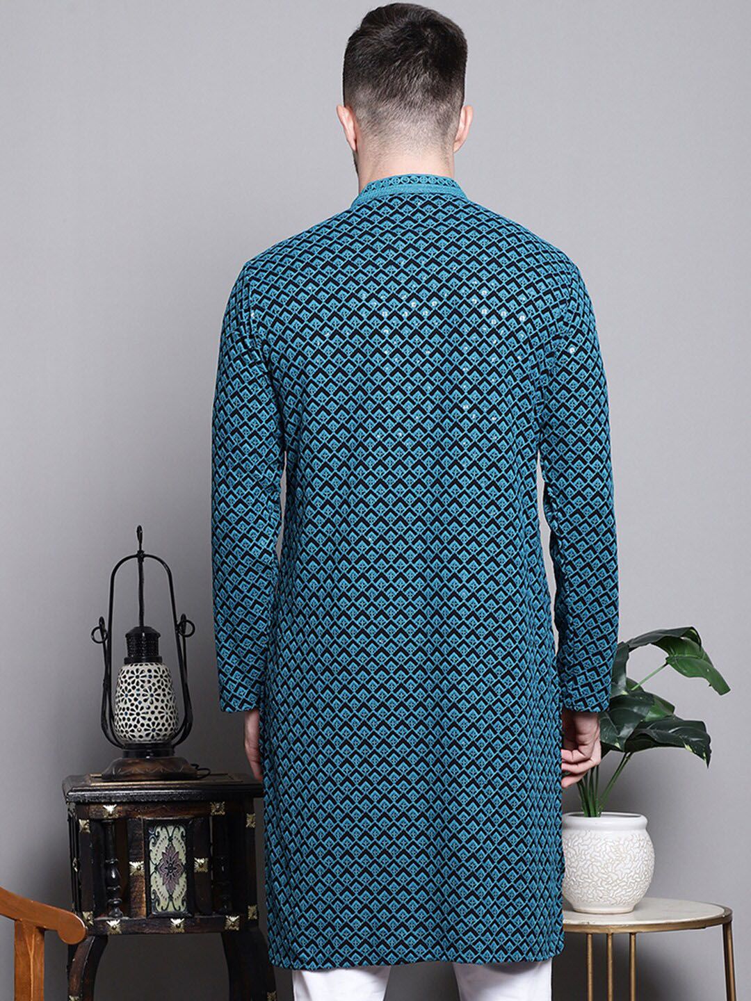 JOMPERS Geometric Commided Thread Work Sequinned Pure Cotton Kurta