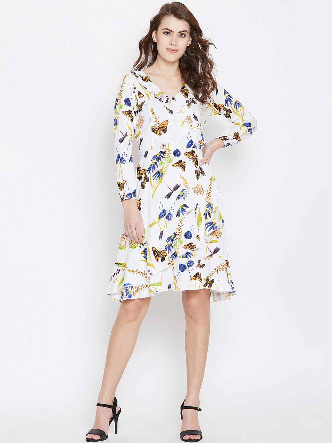 Berrylush Women White & Blue Butterfly Printed Wrap Dress