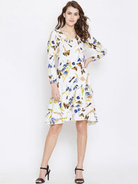 Berrylush Women White & Blue Butterfly Printed Wrap Dress