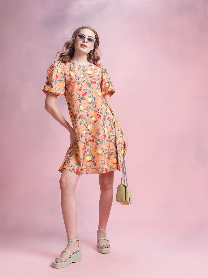 DressBerry Tropical Print Puff Sleeve A-Line Mini Dress