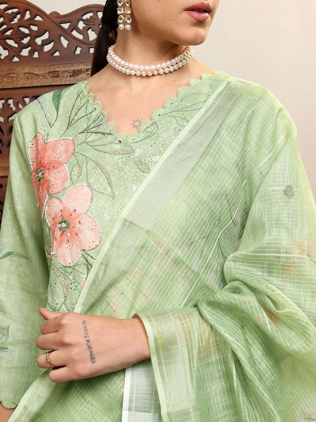 Vishudh Green Printed Thread Work Pure Cotton Straight Kurta With Trousers & Dupatta